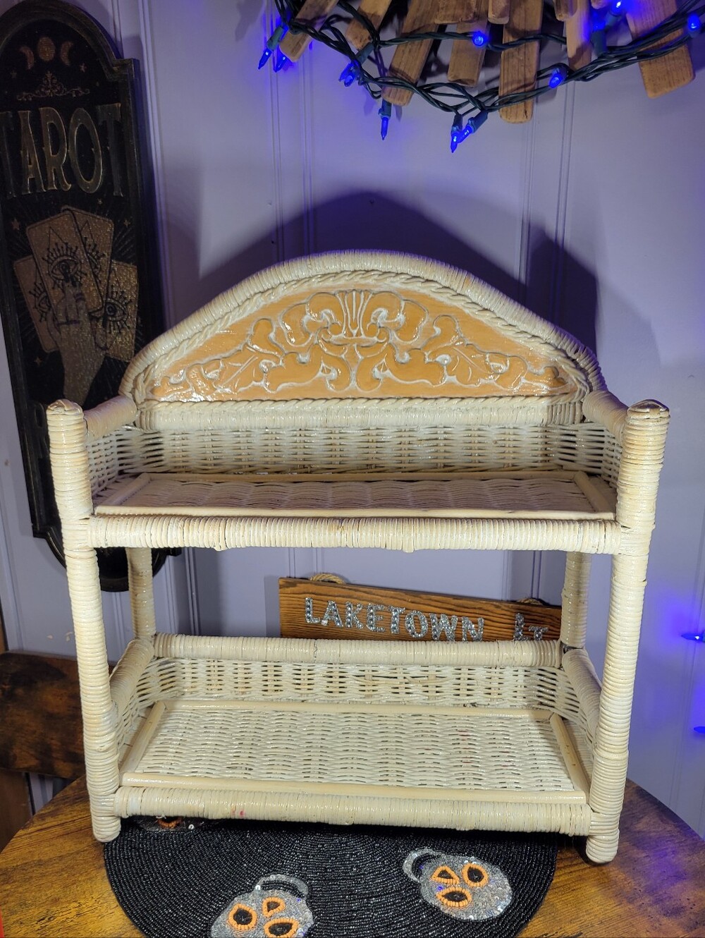 Pier 1 Cream Wicker Two-Tier Shelf with Carved Back